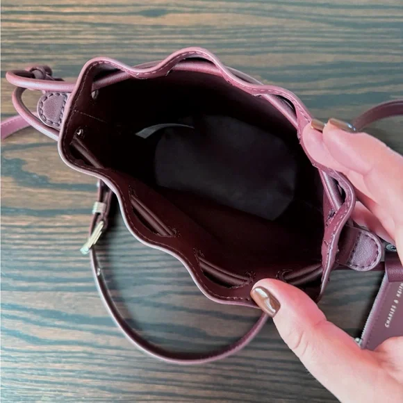 Charles & Keith Burgundy/Brown Drawstring Blossom Bucket Bag - Picture 4 of 7